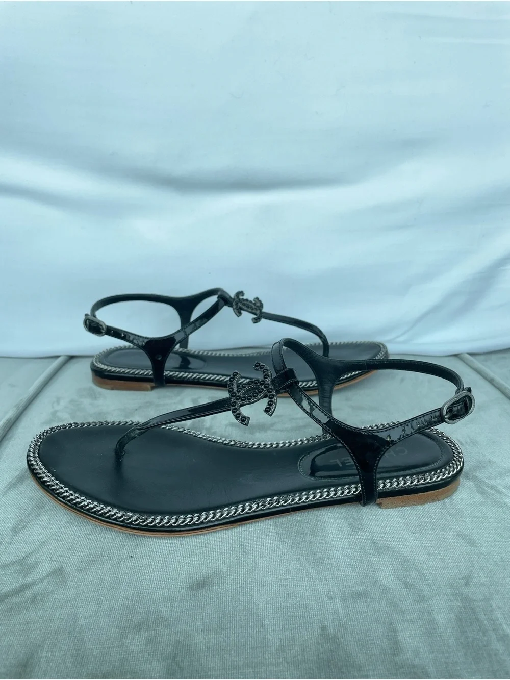 Chanel Black Chain-Trim Thong Sandals Embellished CC Logo & Silver Chains Detail